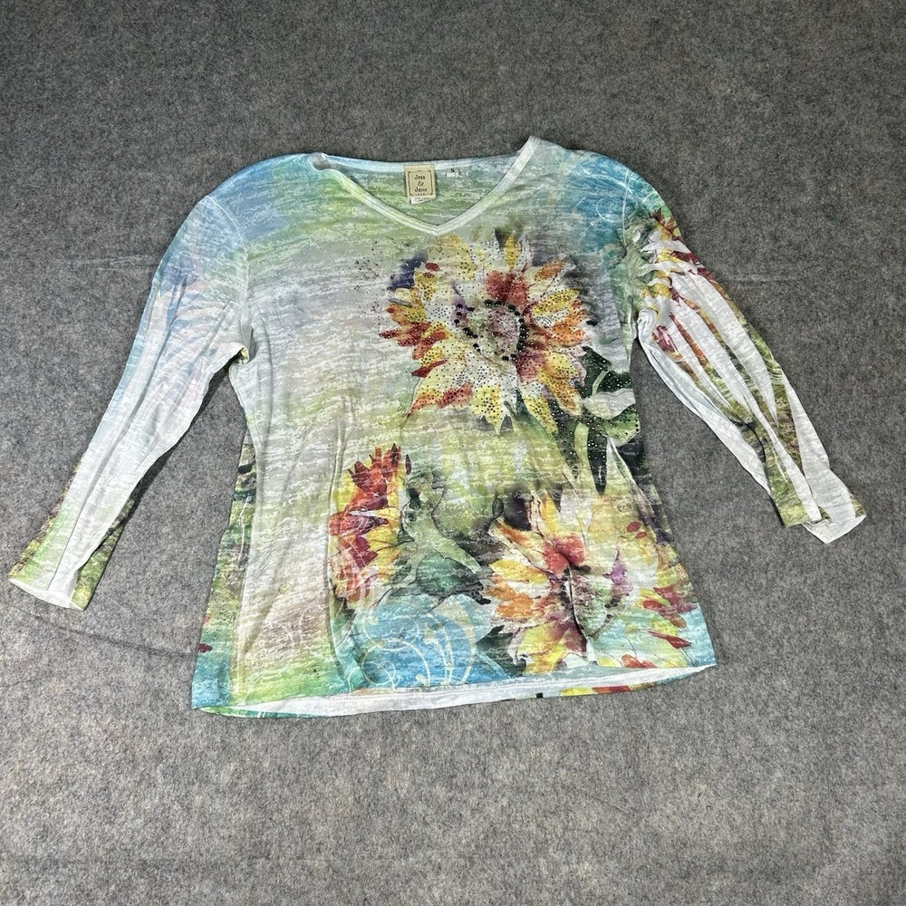 Jess & Jane Blouse Womens Small Sunflower Floral Print Artsy Elbow Sleeve Boho